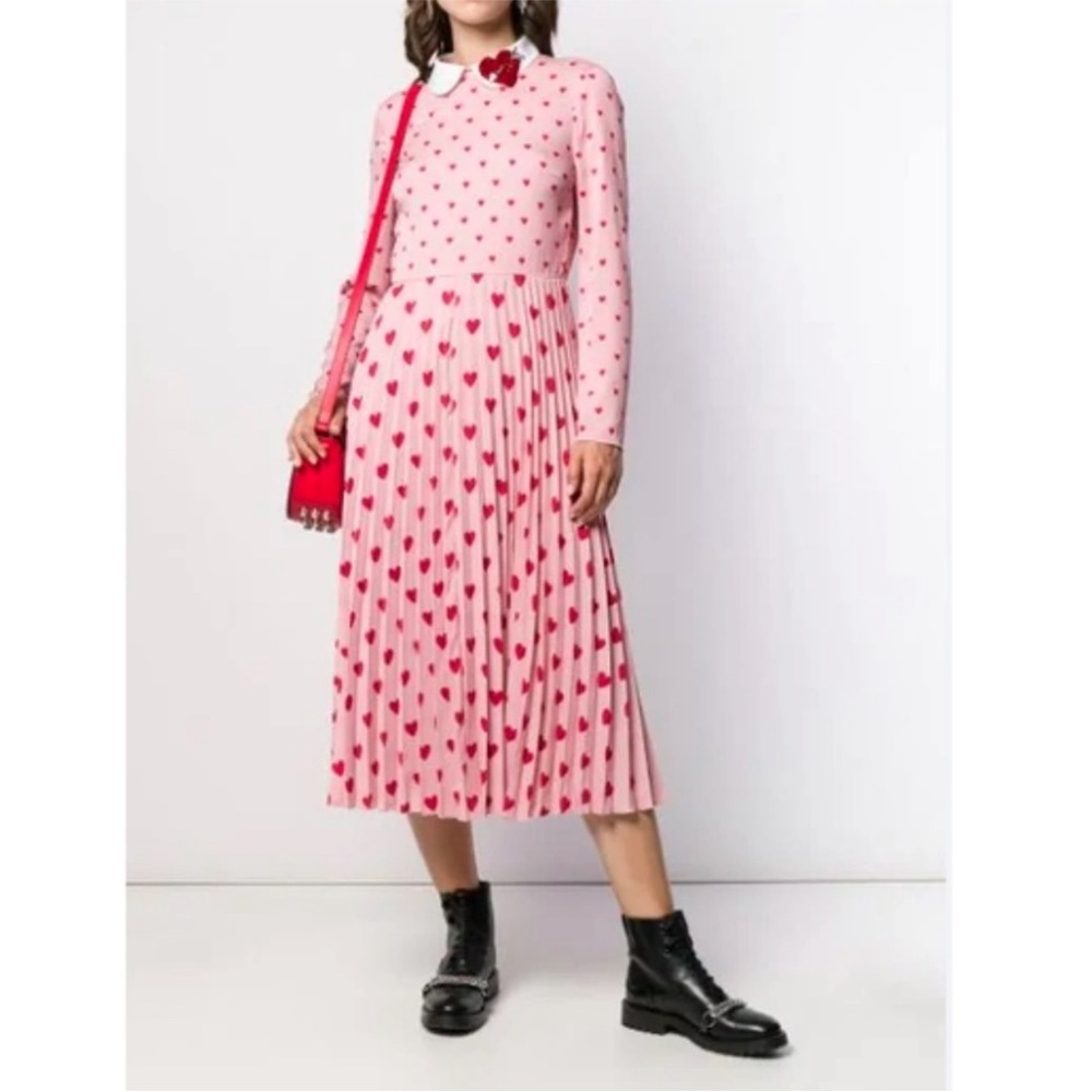 VALENTINO Valentines Heart Midi Maxi Pleated Chine Red Pink Heart Dress 38 8 - Picture 1 of 16